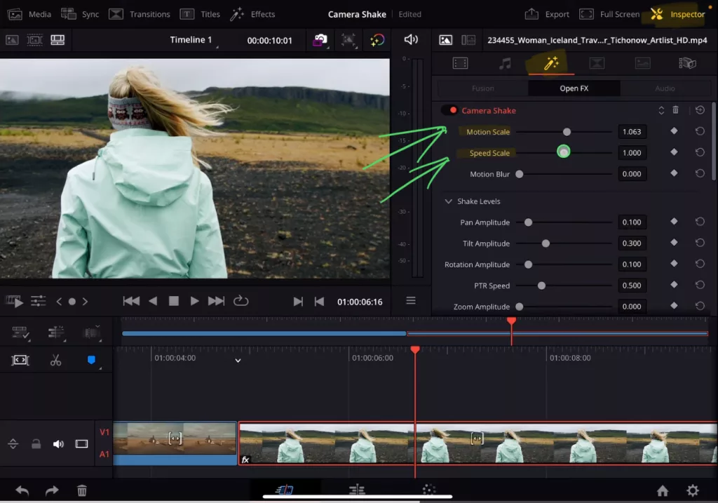 Select the Clip with the Camera Shake and open the Inspector and go to the Effects. Change the Amount of Motion and Speed to your desired outcome. Done.
